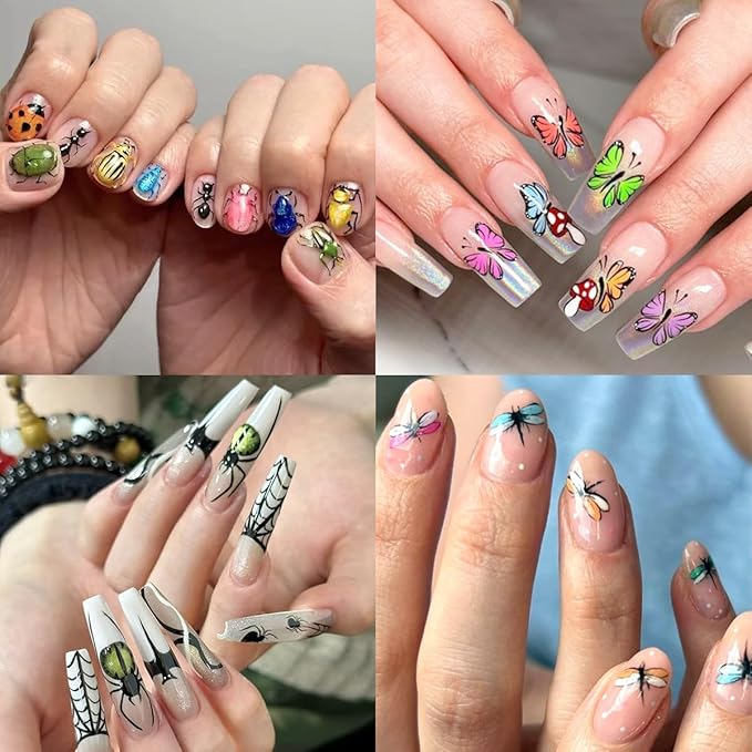 6Pcs Insect Nail Art Stickers Decals 3D Glitter Summer Nail Decals Ladybug Spider Nail Stickers Colorful Ladybug Dragonfly Nail Design Supplies Spring Butterfly Stickers for Women DIY Salon Manicure