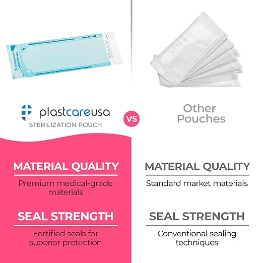 Self Sealing Sterilization Pouches 3.5" x 10" - Latex-Free, Color Changing Indicator (200 Count) by PlastCare USA