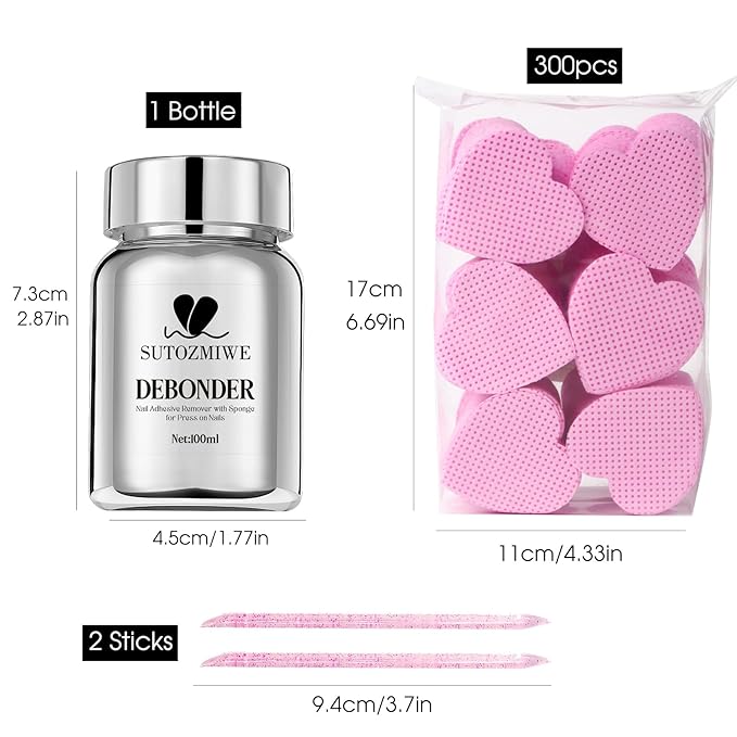 Nail Adhesive Debonder With Pink Heart-Shaped Sponges, Stick Press-on Nail Remover Kit, 100ml Gel Glue Remover False Nail Tips Soaking Solution Nails Reusable
