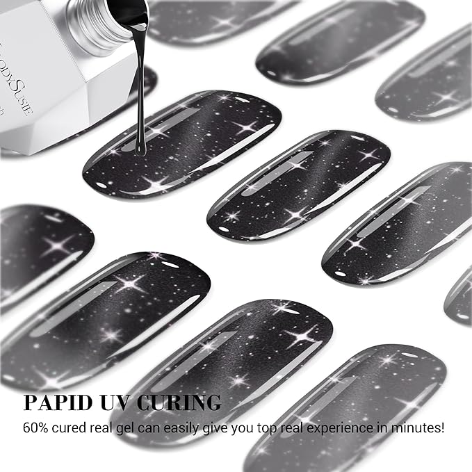 MelodySusie 20PCS Semi Cured Gel Nail Strips (Stellar Noir), Works with Nail Lamp, Salon Quality, Long Lasting, Easy to Apply and Remove