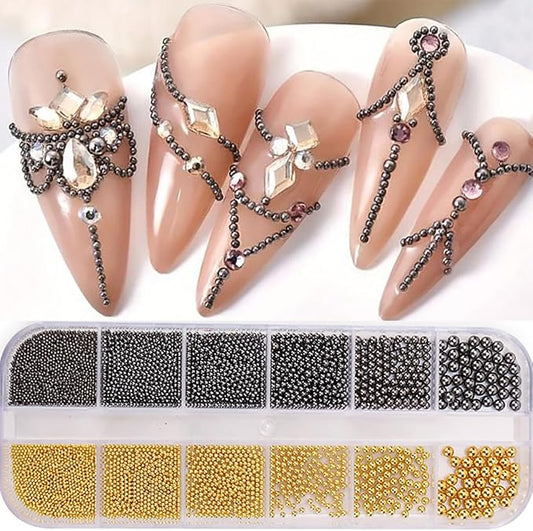 0.8mm Caviar Beads for Nails 6 Sizes Mini Small Stainless Steel Beads Nails Art Decorations Gun Grey Silver Charm 2mm Gold Chain DIY Tool Nail Studs Accessories Black Charms for Nails (Black)