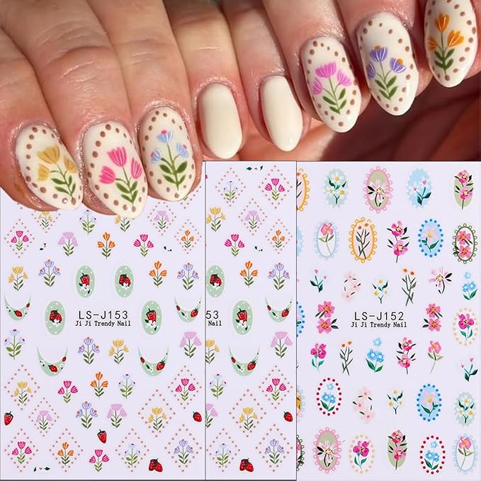 6Pcs Summer Flower Nail Stickers 3D Self Adhesive Fruit Nail Decals Cute Daisy Strawberry Tulip Blueberry Cherry Design Summer Nail Art Stickers Fruit Floral Nail Art Supplies for Women Manicure Decor