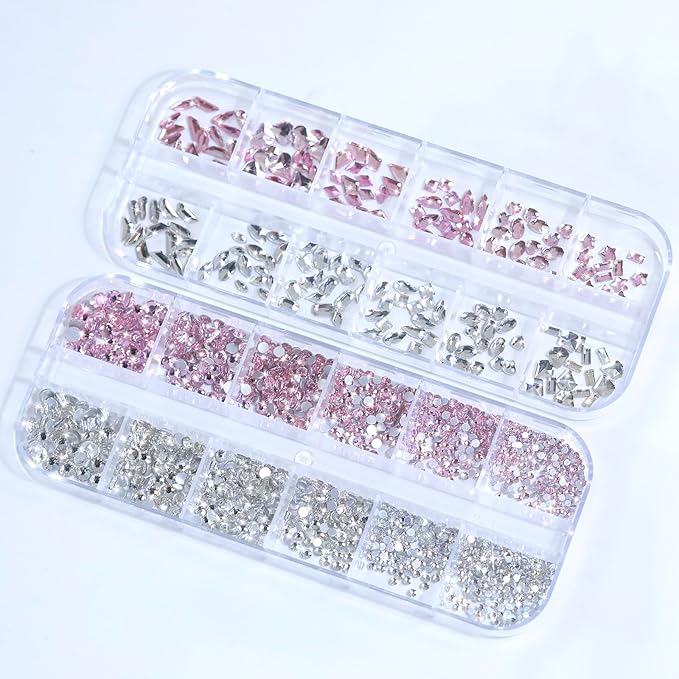 HNUIX Nail Rhinestones for nails - 3D Multi Shapes, Flat Back, Small Nail Gems, Crystal & Light Pink Nail Diamonds, with Kit, for Nail Art, DIY Decor