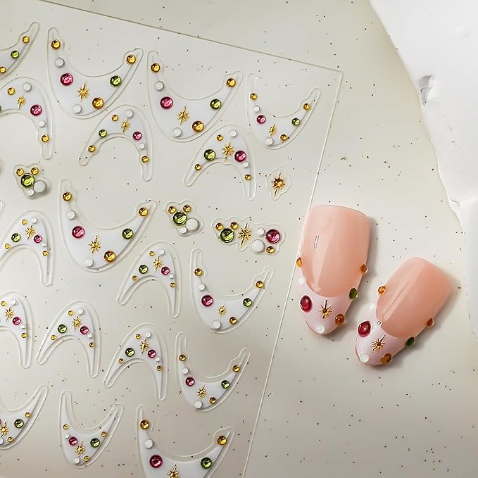 1 Sheets White French Tip Nail Decals for Nail Art 5d Star Diamond Nail Stickers Embossed French Tips Nail Art Stickers Self-Adhesive Colorful Rhinestones Stars Nail Design Sticker for Women