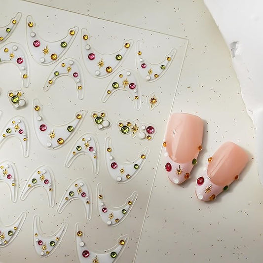 1 Sheets White French Tip Nail Decals for Nail Art 5d Star Diamond Nail Stickers Embossed French Tips Nail Art Stickers Self-Adhesive Colorful Rhinestones Stars Nail Design Sticker for Women