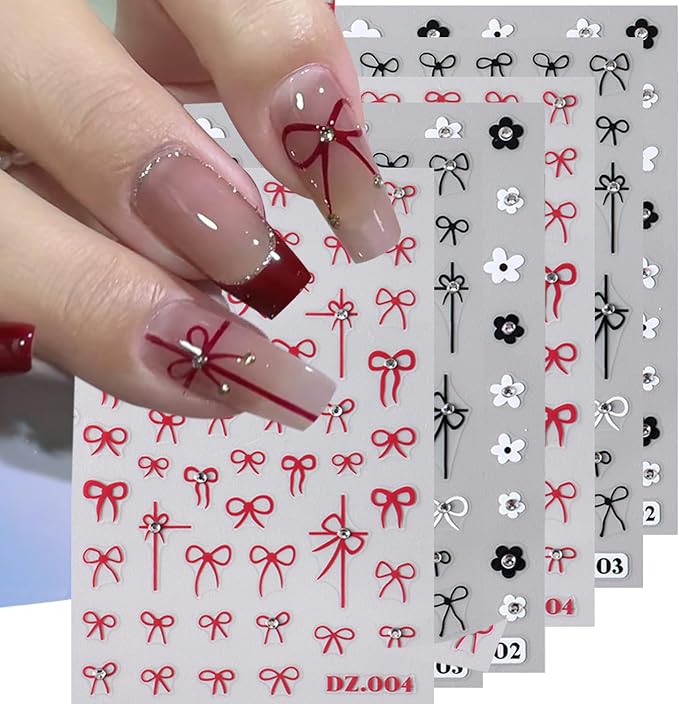 6 Sheets Rhinestones Bow Nail Stickers for 3D Self-Adhesive Flower Nail Art Decals With Glitter Design Red Black Acrylic Nail Art Supplies for Women DIY Manicure