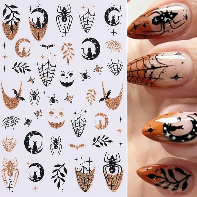 5 Sheets Halloween Nail Art Stickers 3D Self-Adhesive Gold Silver Halloween Nail Decals Glitter Pumpkin Spider Web Bat Ghost Nails Stickers Holiday Nails Art Supplies for Women DIY Manicure Art Kit