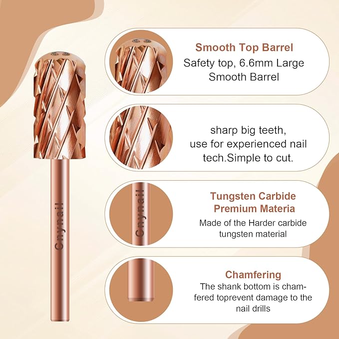3/32" Large Barrel Smooth Round Top Tungsten Carbide Nail Drill Bit Safety Bit for Gel & Acrylic Removal, Right Way Rotating Efile Tip, Salon Electric File Accessory (5XC Grit, Rose Gold)