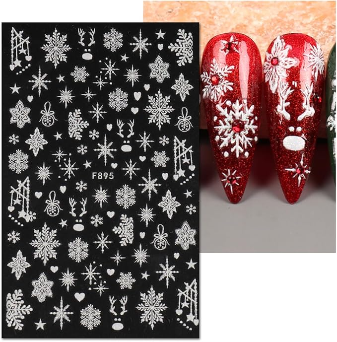 JMEOWIO 8 Sheets Christmas White Glitter Nail Art Stickers Decals Self-Adhesive Snowflake Winter Holiday Nail Supplies Nail Art Design Decoration Accessories