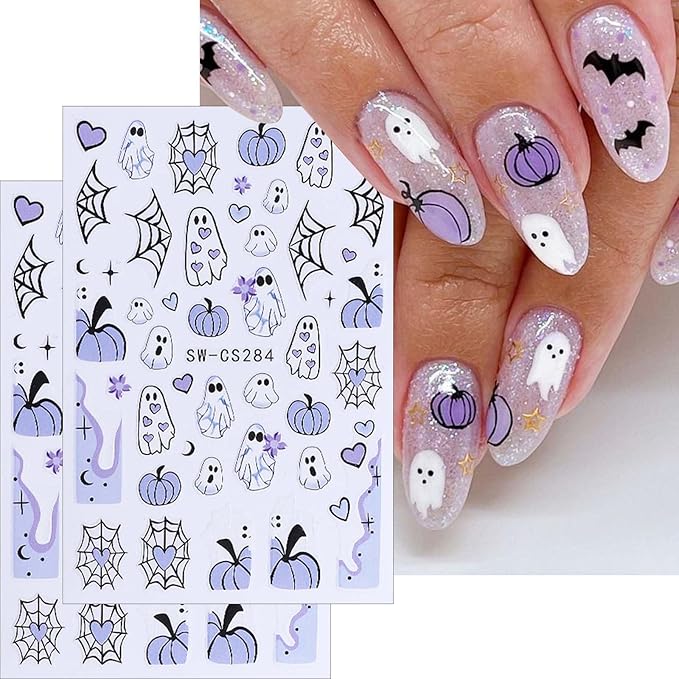 ONPRESS 10Sheet Halloween Nail Stickers Pumpkin Ghost Face Nail Decals 3D Self Adhesive Nail Supplies Spider Web Cat Bat Star Moon Skull Nail Art Stickers for Acrylic Nails for Women DIY Manicure