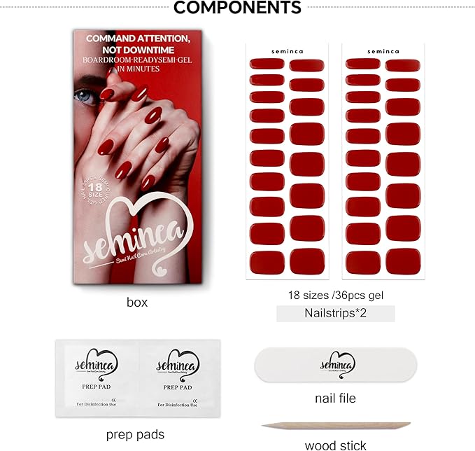 Semi Cured Gel Nail Strips-Classic Red Semi-Gel Nail Stickers,Work Ready Manicure,Long Lasting Glossy Finish for Party/Date Night Crowd,Works with Any UV/LED Lamps(Addict)