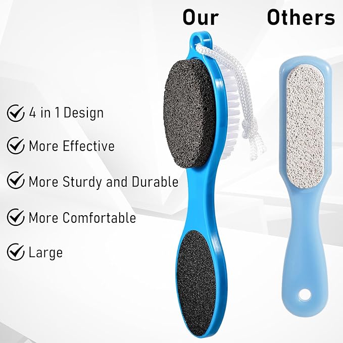 Pumice Stone Brush for Feet 4 in 1, Foot File Callus Remover, Foot Rasp and Sand Paper Pedicure Tools with Handle, Shower Foot Scrubber, Soft Smooth Feet for Home Foot Care,2 Pack