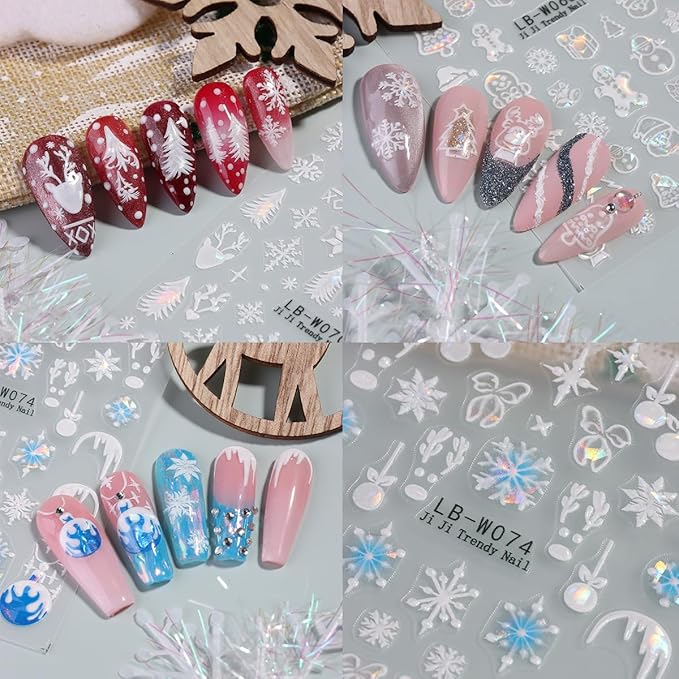 4 Sheets Christmas Nail Art Stickers - Blue Snowflake & White Reindeer Nail Decals - 3D Self-Adhesive Winter Holiday Supplies