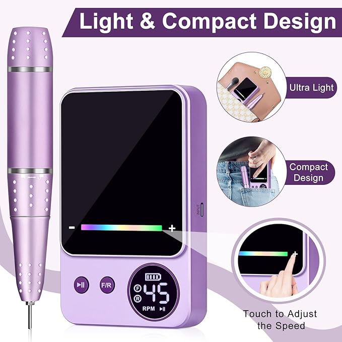 Electric Nail Drill Professional 45000RPM, Portable Smart Touch Display Electric Nail File, 4000mAh Rechargeable Nail Drill Kit for Remover Acrylic & Gel Nails Manicure for Salon Home