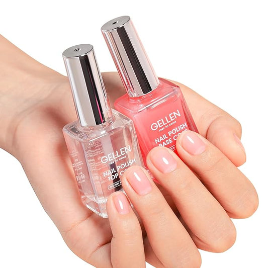 GELLEN Clear Nail Polish Base Top Coat, Sheer Pink Tinted Base Coat & Shine No Wipe Top Coat for Strengthening Thin Damaged Natural Nails, Quick Dry Regular Nail Polish No UV Gel, Hema Free, Non-toxic