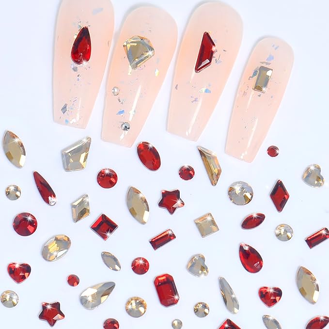 HNUIX Nail Rhinestones for Nails - 3D Multi Shapes, Flat Back, Small Nail Gems, Champagne Gold & Red Nail Diamonds, with Kit, for Nail Art, DIY Decor
