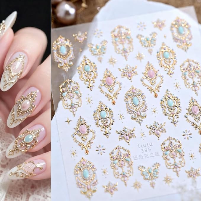 5D Embossed Gem Nail Sticker Luxury Gold Jewelry Nail Art Stickers Self Adhesive Nail Decals Pink Diamond Nail Art for Women Girls Manicure Supplies Nails Art Decorations