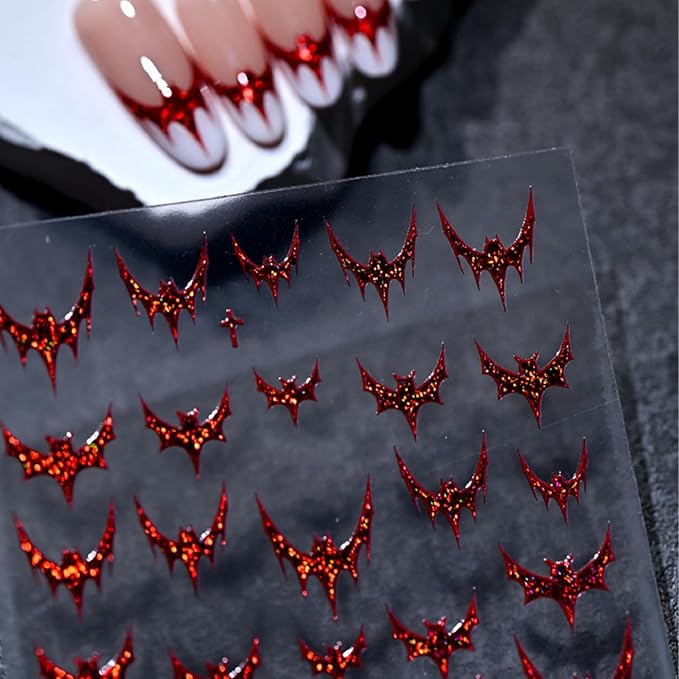 Halloween Nail Art Stickers 3D Self-Adhesive Red Glitter Bat Nail Stickers with Glitter Bloody Bats Nail Decals Horror Design Sticker for Women Manicure Decoration Cardboard Set 1 Sheets