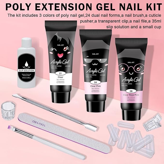 Poly Nail Gel Kit,10PCS Clear Poly Gel Nail Kit for Beginners with Everything,Nail Extension Kit with Slip Solution for Nail Art DIY - Set D（Clear）