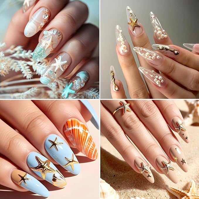 1Sheet 5D Embossed Gold Seashell Starfish Nail Art Stickers Self-Adhesive Bronzing Shell Starfish Nail Decals with Pearl Rhinestone Design Nail Sticker Summer Ocean Nails Supply for Women Nails Decor