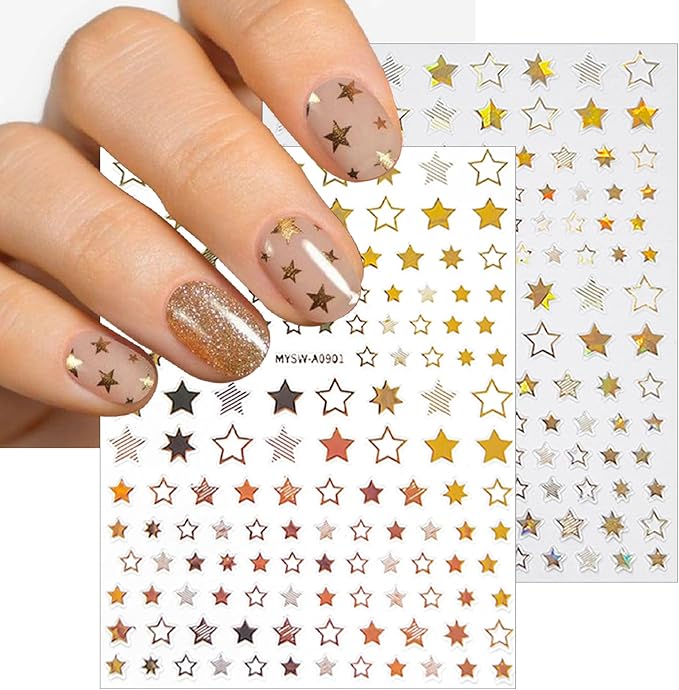 9 Sheets Shiny Twill Star Nail Stickers 3D Self-Adhesive Holographic Laser Color Gold and Silver Five-Pointed Star Design Women Girls Nail Art Decoration