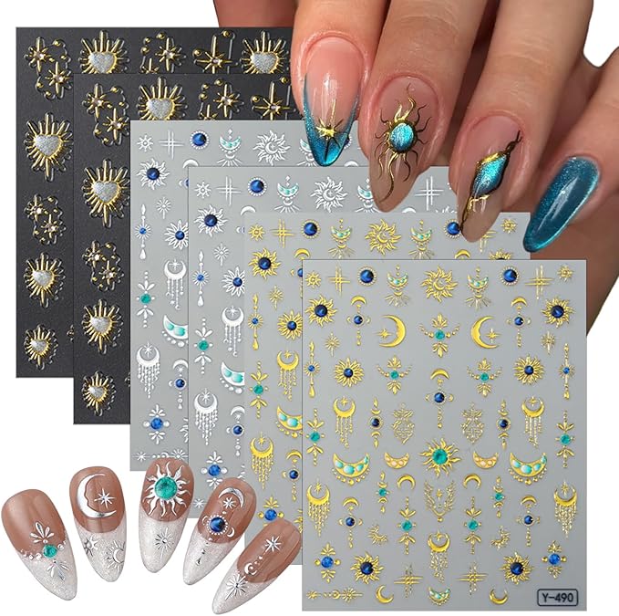 6 Sheets Retro Sun God Star Nail Art Stickers Decals Gold Silver Sun God Star Moon Nail Stickers Design Sparkling Heart Diamond Nail Decals for Women DIY Manicure Nail Decoration Supplies
