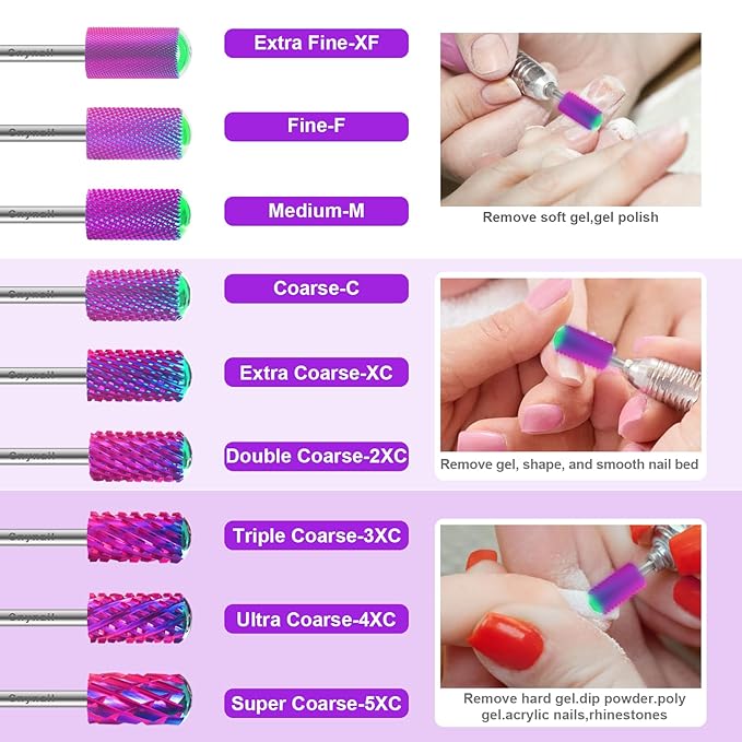 3/32" 2PCS Large Barrel Smooth Round Top Tungsten Carbide Nail Drill Bit Safety Bit for Gel & Acrylic Removal, 2-Way Rotating Efile Tip, Salon Electric File Accessory (XC Grit, Purple)