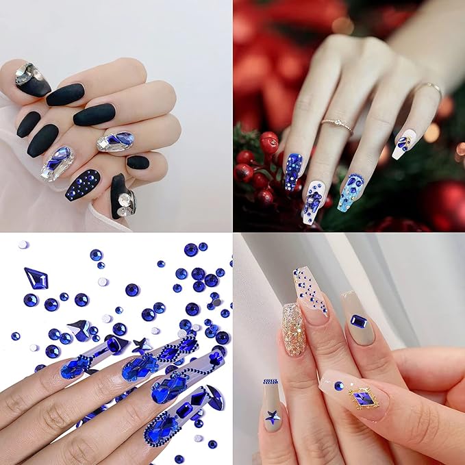 HOINCO Rhinestones, 3120Pcs Sapphire Blue Crystal Glass for Nail Art Craft & DIY, Mix Sizes 12 Shapes with Wax Pen & Tweezers