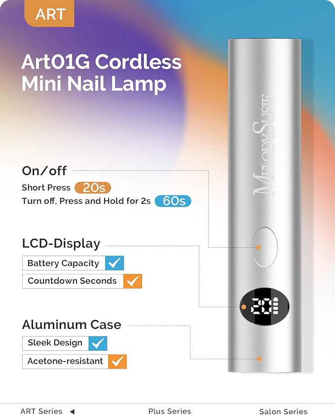 MelodySusie Handheld UV Light for Gel Nails, ART01G Cordless Gel X Nail Lamp, Rechargeable Flash Cure Nail Dryer with LCD Display, 2 Timers for Rhinestone Glue DIY at Home, Acetone Resistant, Silver