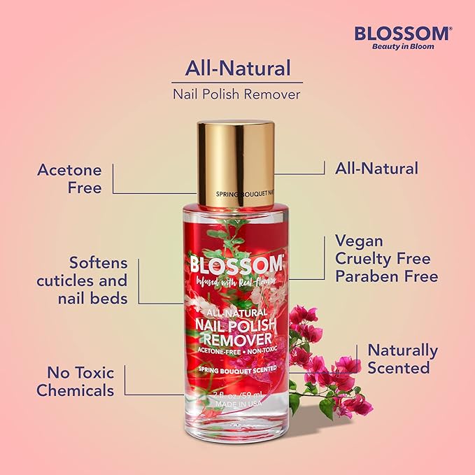 Blossom Non Toxic Nail Polish Remover Non Acetone, All Natural Scented, Vegan, Acetone Free Nail Polish Remover, Organic Plant-Based, Infused with Real Flowers, Made in USA, 2oz, Spring Bouquet
