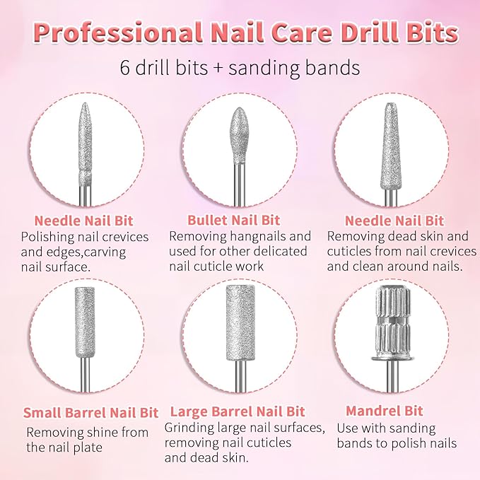 6 Pcs Nail Drill Bits Set,3/32'' Professional Nail Bits for Manicure Pedicure