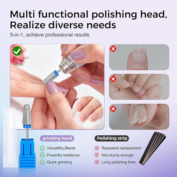 Fantexy 5 in 1 Nail Drill Bits,Professional 3/32" Shank Tungsten Steel Bits for Acrylic Nails,Manicure,Nail Art,Drill Machine,Both Left and Right Handed - Two Way Rotate Use (Medium - M)