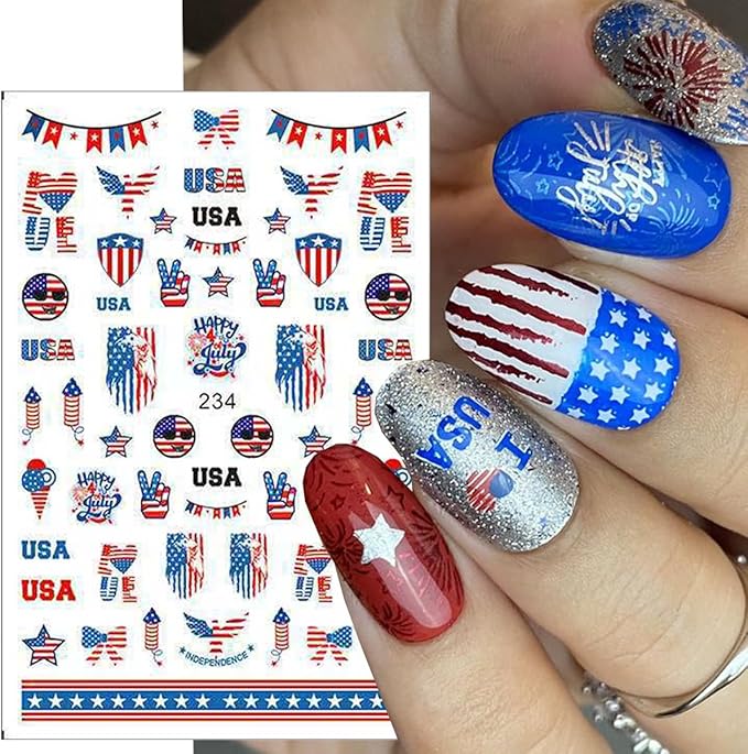 6Pcs/Celebrate 4th of July Nail Stickers for Nail Art Set - Independence Day Fireworks USA America UK Flags Adhesive Nail Art Sticker Decals DIY Patriotic Manicure Sliders Decorations Supplies