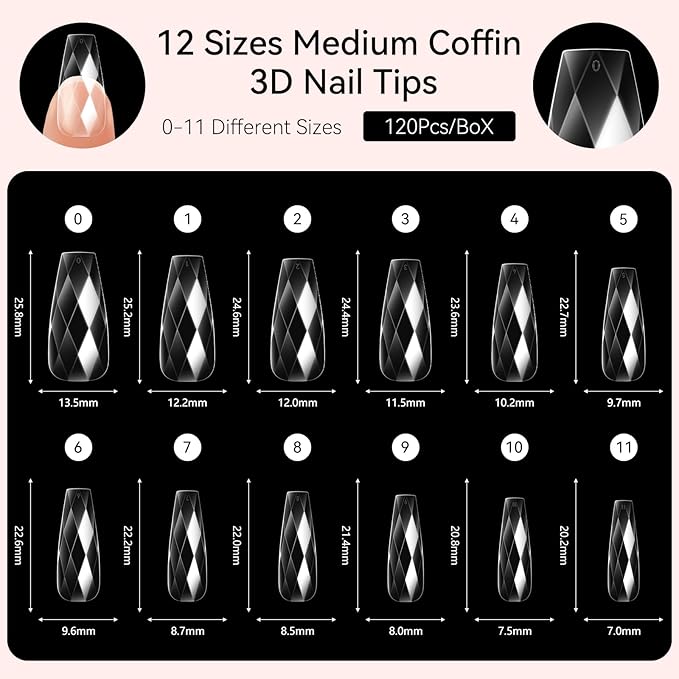 Makartt Medium Coffin Soft Gel Nail Tips: 120pcs 3D Diamond-Shaped Fake Nails Extension, 12 Sizes Full Cover Clear Press-On Tip, Natural Rhombus Lattice, Suit for Chrome Nail Powder