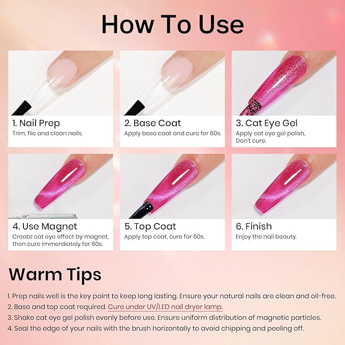 MIZHSE Cat Eye Gel Nail Polish, Neon Pink Magnetic Gel Polish Set with Magnet Stick, Crystal Smoothie Nude Hot Pink Cateye Effect Soak Off Nail Art Gift for Ladies