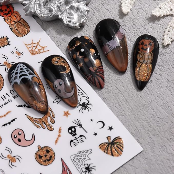 Halloween Nail Stickers Glitter Gold Spider Web Ghost Pumpkin Nail Decals 3D DIY Self Adhesive Nail Design Sticker Halloween Nail Decoration Supplies Holiday Manicure Accessories for Women Girls 6Pcs