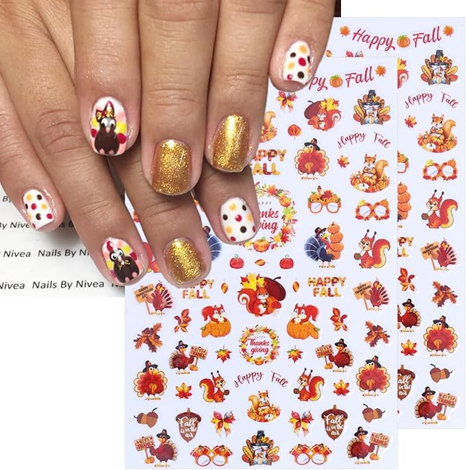 6 Sheets Fall Nail Stickers 3D Self-Adhesive Thanksgiving Nail Stickers with 5D Embossed Maple Leaf Nail Art Sticker Squirrel Pumpkin Leaves Design Autumn Nail Decals for Holiday Manicure Decorations