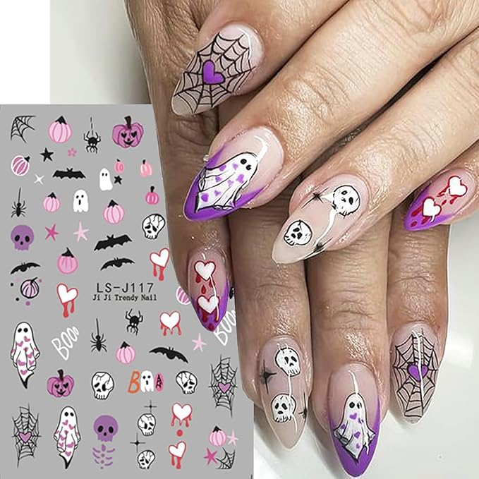 8 Sheets Halloween Cute Ghost Nail Stickers for Nail Art Self-Adhesive Decals With Spider, Bat, Pumpkin, Spider Web Designs - Manicure Holiday Decorations Charms for Women