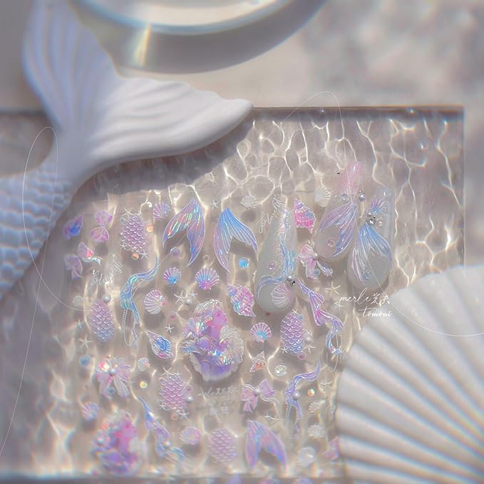 Summer Seashell Starfish Nail Art Stickers 5D Embossed Shiny Shell Nail Decals Cute Mermaid Nail Accessories Ocean Theme Summer Nails Design Pearl Bow Nail Adhesive Sliders for Women Manicure