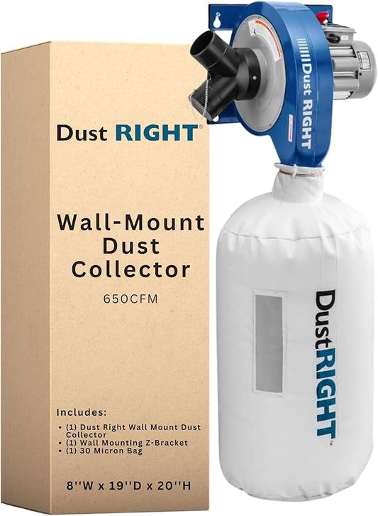Dust Right Wall Mount Dust Collector – 650 CFM Powerful Air Filtration System – Space Saving Portable Woodworking Tool for Wood Shops, Homes, or More