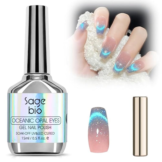 Cat Eye Gel Nail Polish with Magnet Stick, 15ml Glitter Holographic Nail Polish, Magnetic Effect Gel for Home DIY Manicure Nail Art, Blue Tears