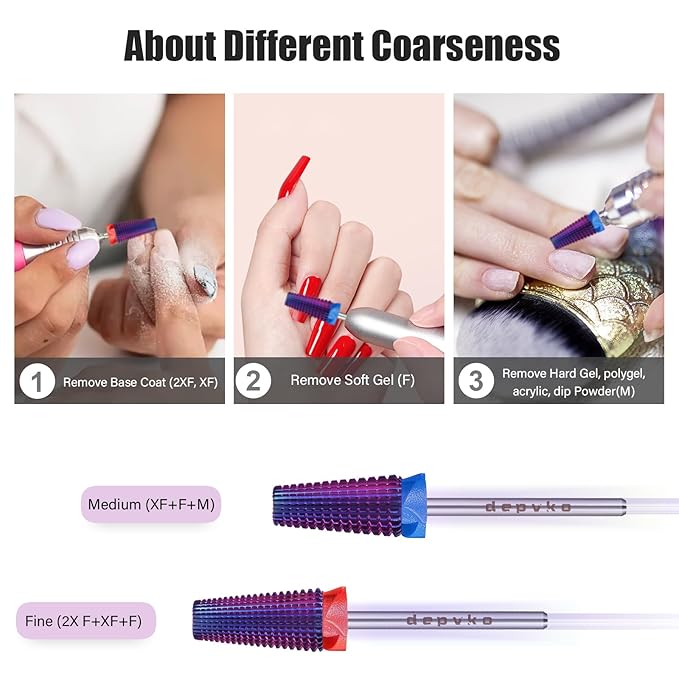 Depvko Super Long 5 in 1 Nail Drill Bits, 3/32'' Carbide Tungsten Bits, Two Way Rotate Professional Advanced Safety Bits for Nail, Fast Remove for Manicure Pedicure (Classic 5in1-Purple, Fine-F)