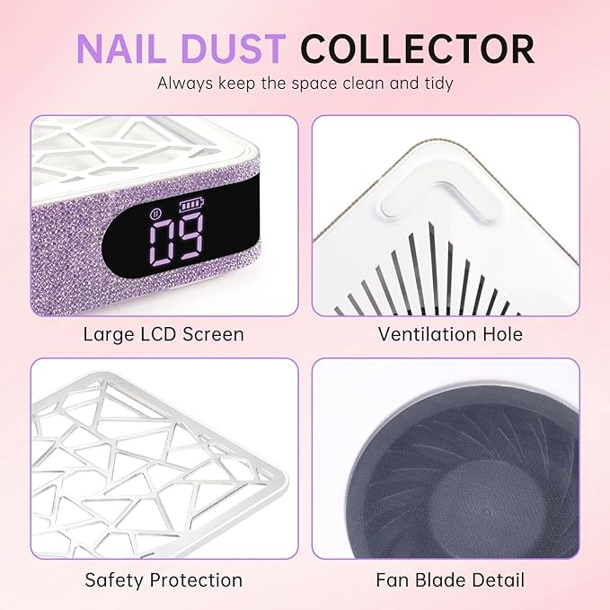 Nail Dust Collector, Cordless Dust Collector Nail Tech, Powerful Vacuum Fan Vent Dust Collector Extractor Dust Suction Machine for Acrylic Nails Polishing, Nail Salon, Light Purple