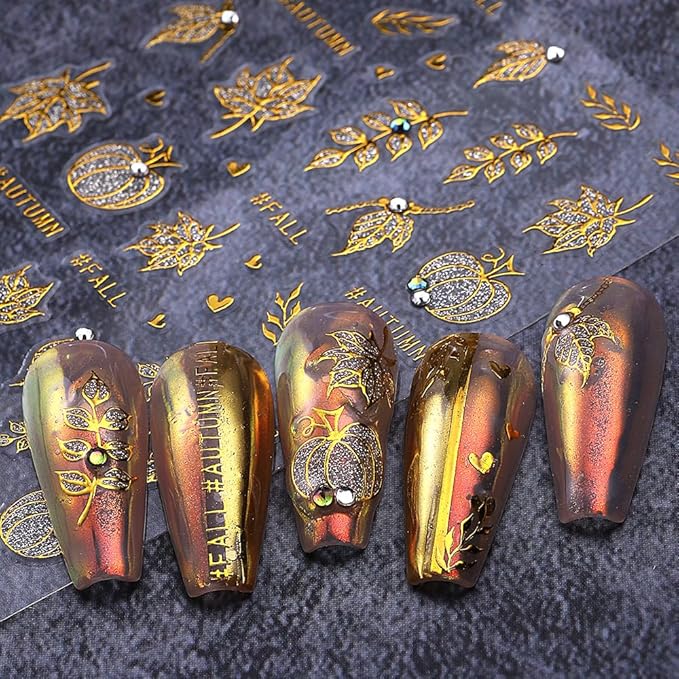 Fall Nail Art Stickers Autumn Maple Leaf Nail Decals with Rhinestone 3PCS Gold Maple Leaves Pumpkin Nails Design Self-Adhesive Fall Nail Stickers for Women Thanksgiving Day Manicure Nails Decoration