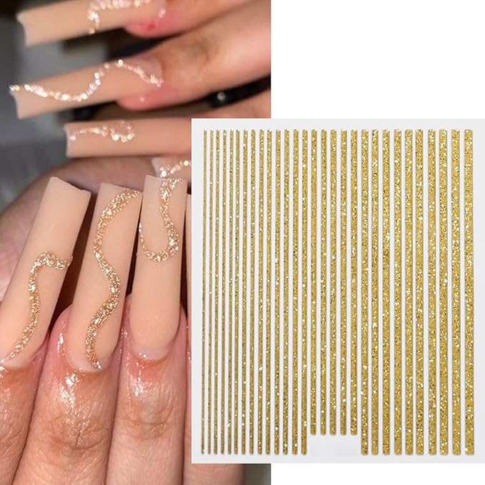6 Sheets 3D Glitter Lines Nail Art Stickers - Gold Metallic Supplies, Metal Decals, French Effect Silver Design, Simple Line Glitter Sticker for Women DIY Decoration