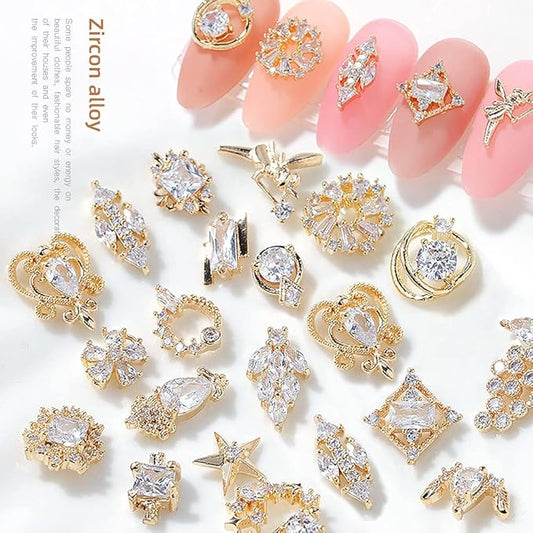 Gold Nail Art Charms Nail Art Metal Luxury White Zircon Rhinestones for Nails Shiny Nail Art Crystal Gems Jewelry Nail Diamond Rhinestone Charms for Girls Woman DIY Nail Art Decoration(22pieces)