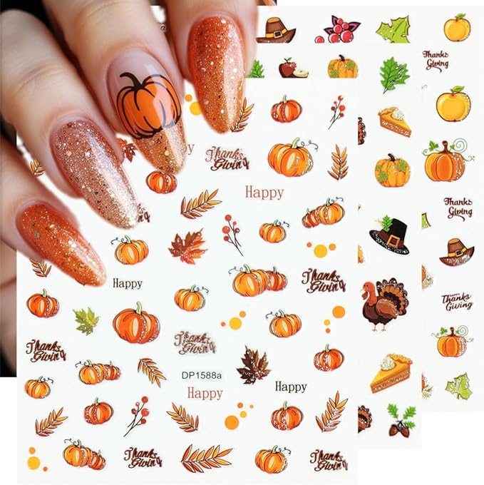 6 Sheets Fall Nail Stickers for Nail Art Glitter Maple Leaf Pumpkin Nail Decals Fruit Turkey Nail Design Stickers 3D Self-Adhesive Thanksgiving Acrylic Nails Art Supply for Women Manicure Decorations