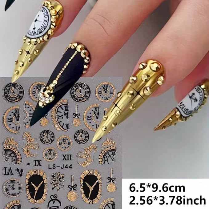 6PCS Clock Nail Art Stickers New Year Nail Decals 3D Self-Adhesive Gold Glitter Nail Stickers Clock Wine Glass Christmas Ball Fireworks Design Countdown Nails Supplies for Women Christmas Nails Decor