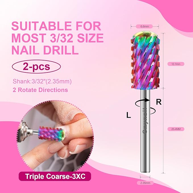 3/32" 2PCS Large Barrel Smooth Round Top Tungsten Carbide Nail Drill Bit Safety Bit for Gel & Acrylic Removal, 2-Way Rotating Efile Tip, Salon Electric File Accessory (3XC Grit, Multicolor)