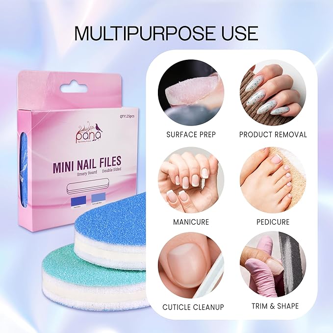 25PCS Mini Size PANA Professional Double Sided Nail Files - Blue, 80/80 Grit - Emery Board Nail Buffering File Manicure Pedicure Nail Polisher Washable
